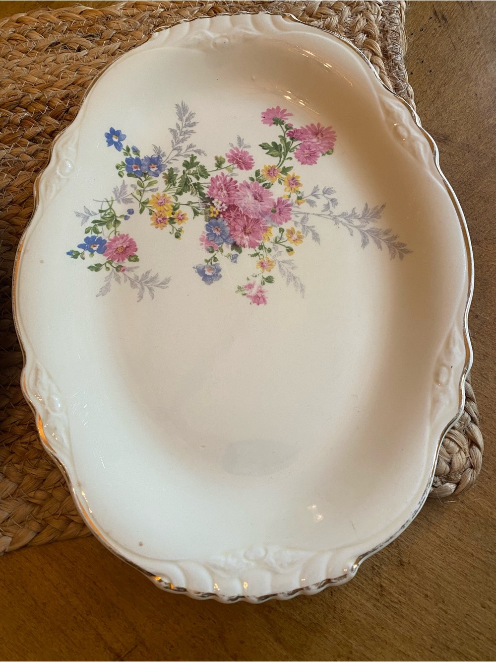 Homer Laughlin Porcelain Serving Platter with Pink Blue Yellow Floral Pattern